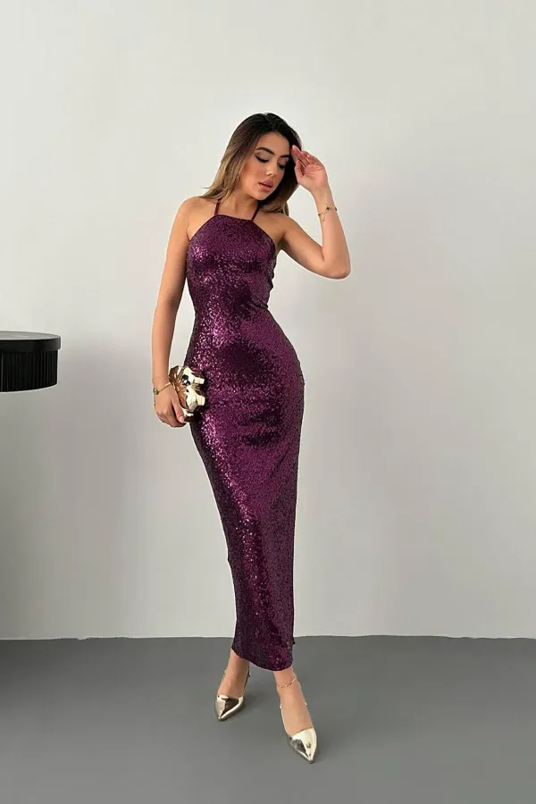 Toptan Mor Sırt Dekolteli Pulpayet Elbise