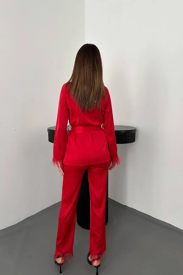 Toptan Kırmızı Püsküllü Saten İkili Takım