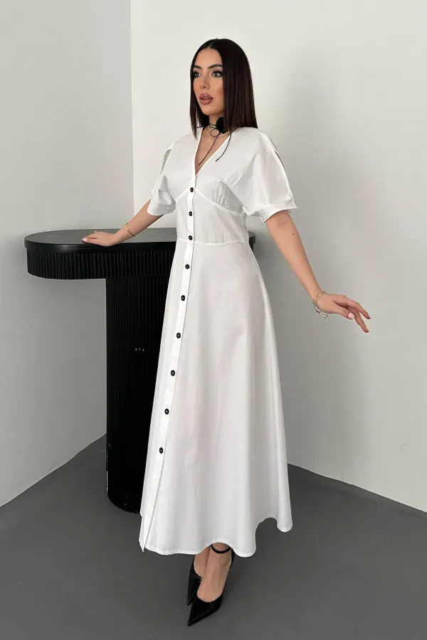 Toptan Beyaz Düğmeli Midi Boy Poplin Elbise
