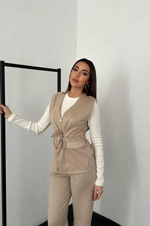 Ensemble gilet et pantalon en daim beige en vente en gros