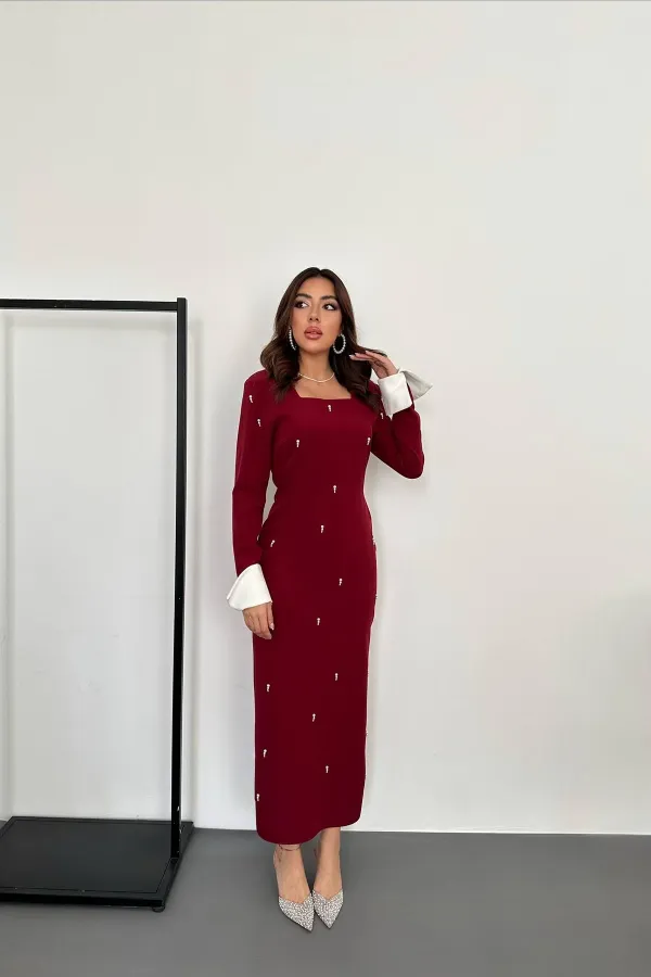 Toptan Bordo İşlemeli Atlas Elbise