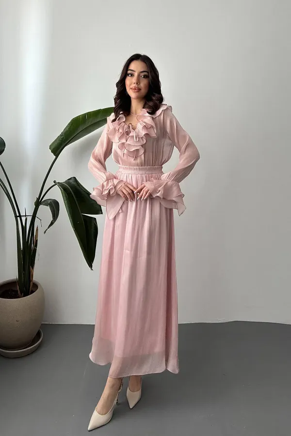 Toptan Pudra Fırfırlı Bluz Lastikli Etek Takım