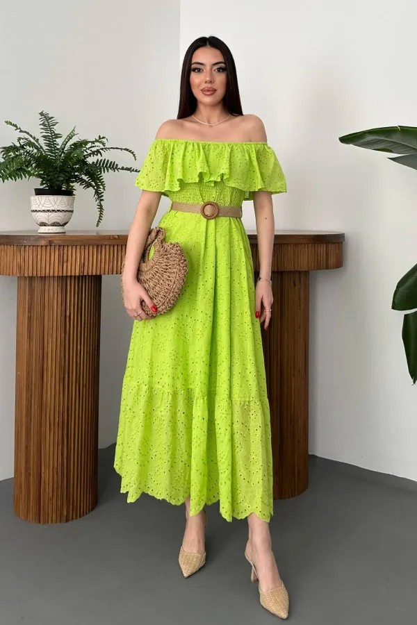 Wholesale Oil Green Elastic Shoulder Embroidered Dress