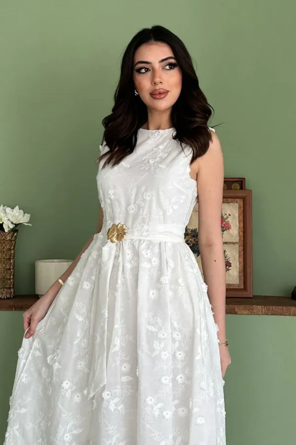Wholesale White Dress with 3D Embroidered Details