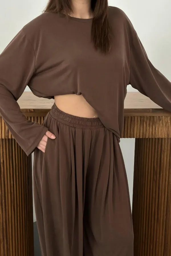 Ensemble haut et bas marron à manches longues en gros