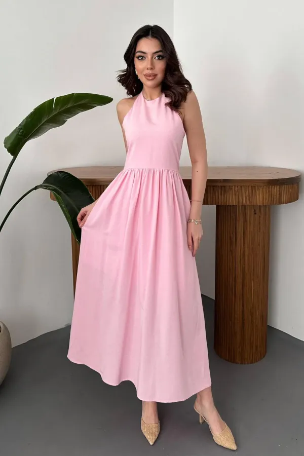 Toptan Pembe Arkası Gipeli Keten Elbise