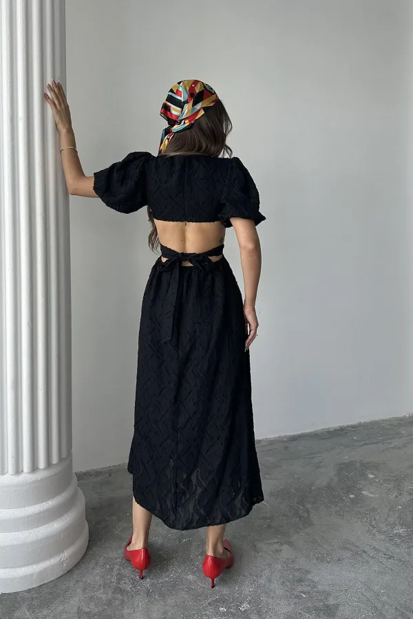 Toptan Siyah Balon Kol Kuşaklı Elbise