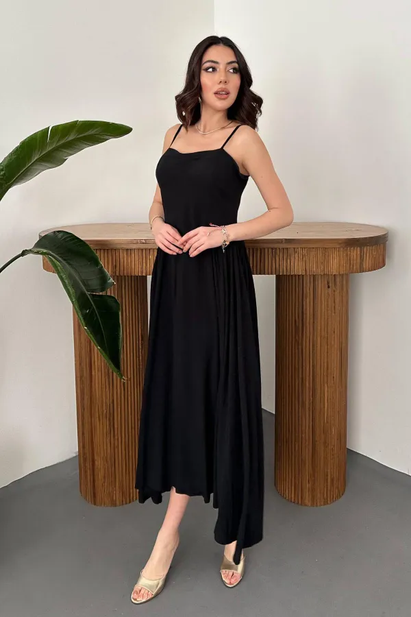 Toptan Siyah Göğüs Kuplu Uzun Büzgülü Elbise