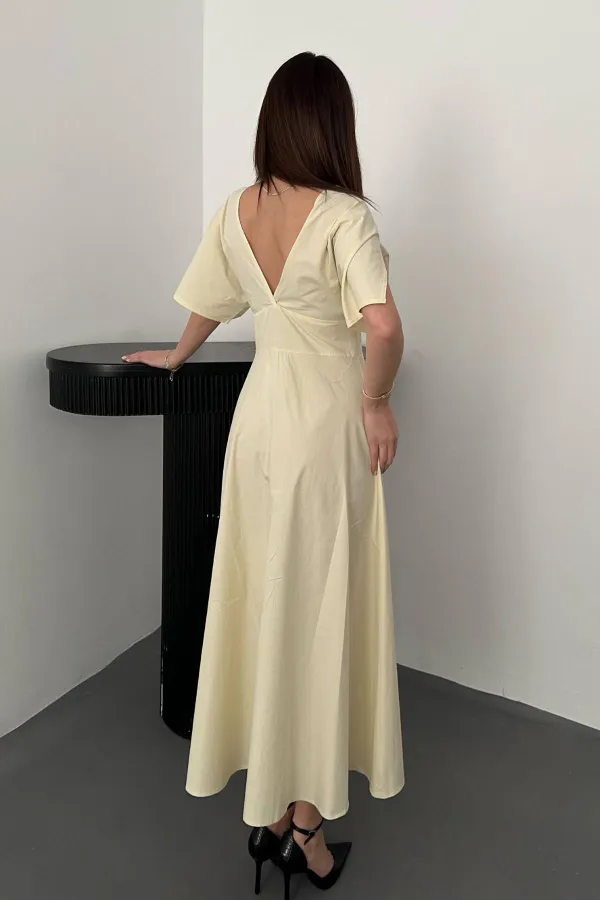 Toptan Sarı Düğmeli Midi Boy Poplin Elbise