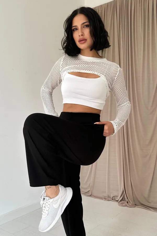 Pantalon noir plissé élastique avec détails en gros