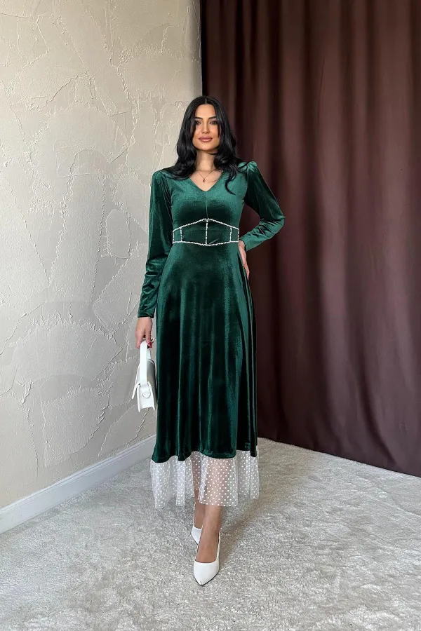 Robe en velours avec accessoires en perles émeraude en gros