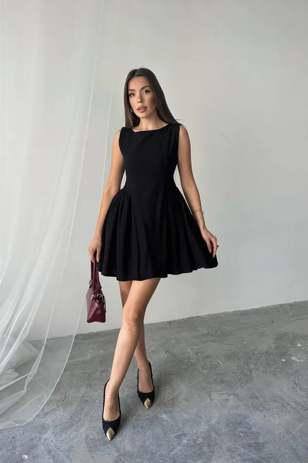 Robe mini froncée en lin noir en gros