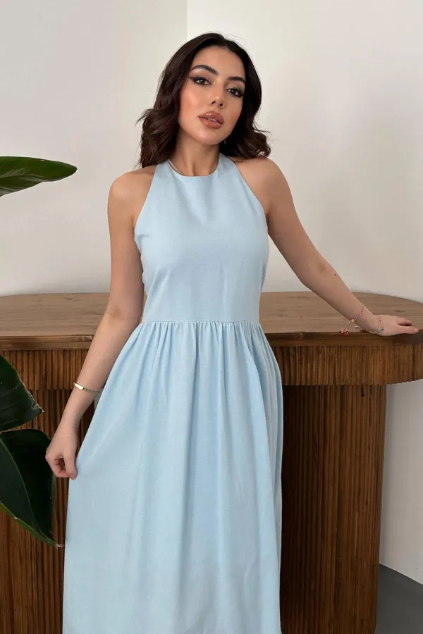 Toptan Bebe Mavi Arkası Gipeli Keten Elbise