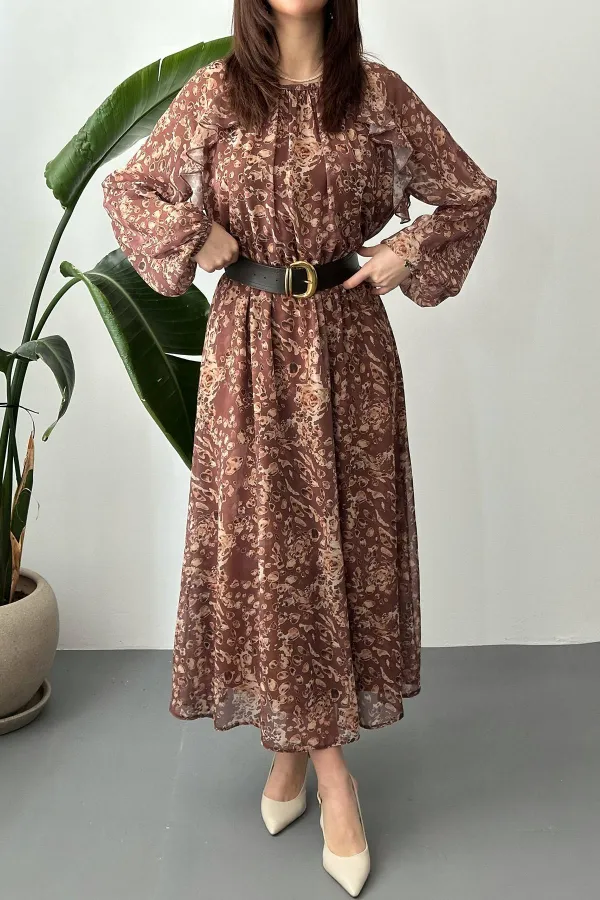 Toptan Kahverengi Fırfırlı Şifon Elbise