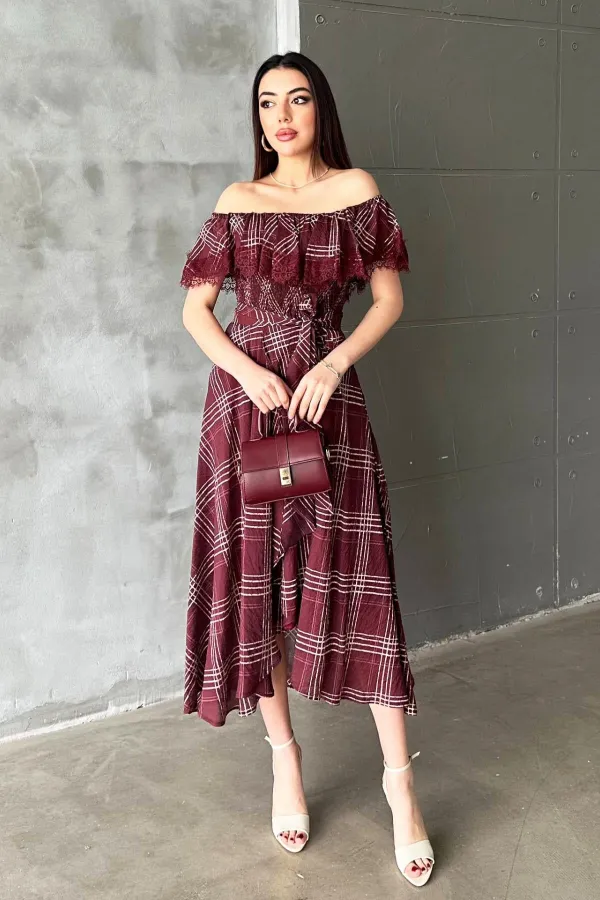 Robe en dentelle à carreaux prune en gros