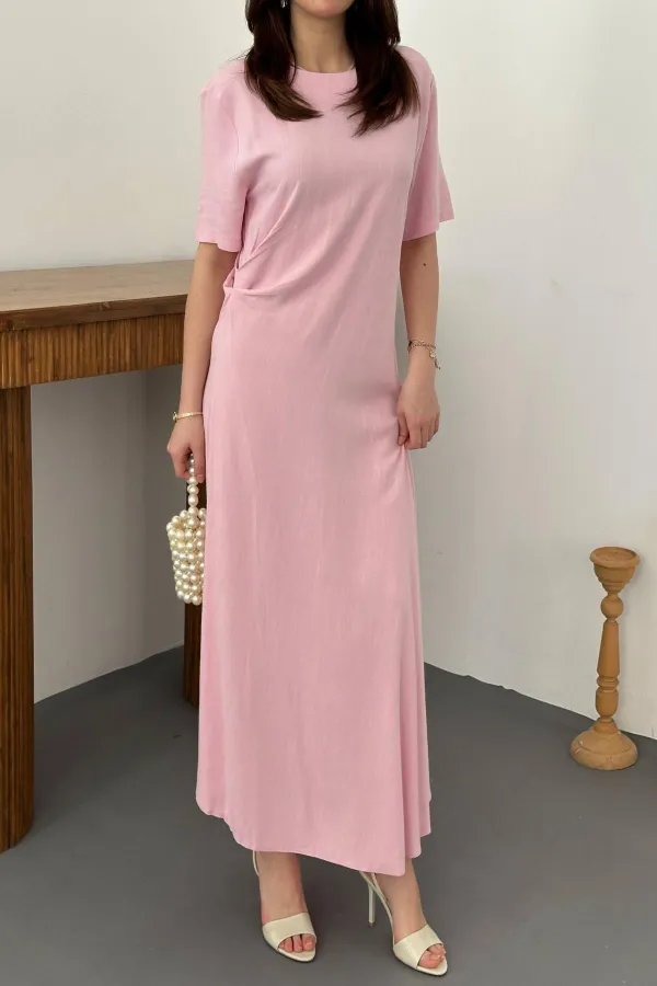 Toptan Pudra Pileli Bisiklet Yaka Elbise