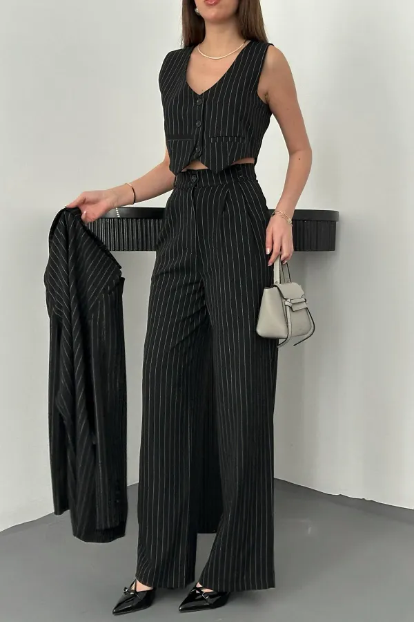 Ensemble veste, gilet et pantalon rayés noirs en gros