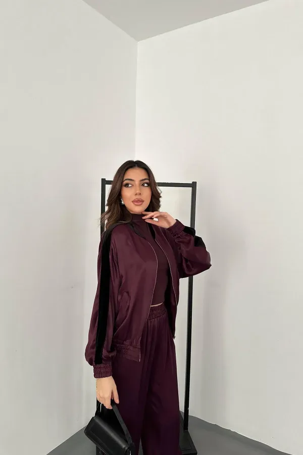 Survêtement en satin rayé velours bordeaux, vente en gros