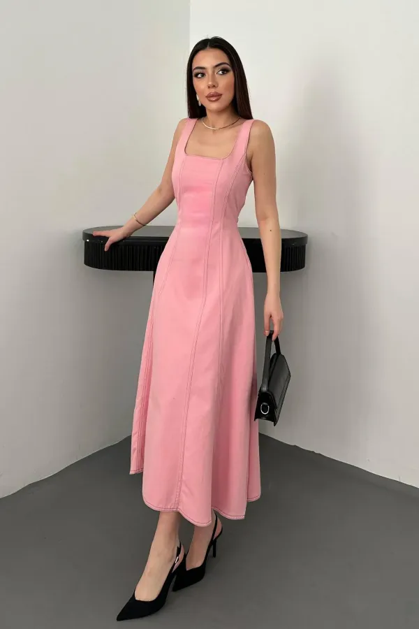 Toptan Pembe Çift Dikişli Gabardin Elbise