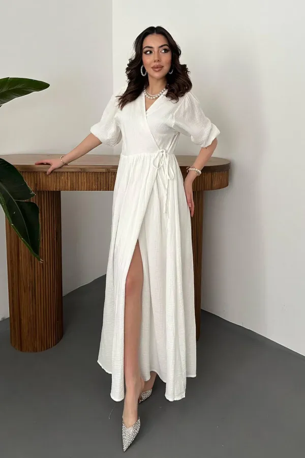 Toptan Ekru Müslin Uzun Elbise