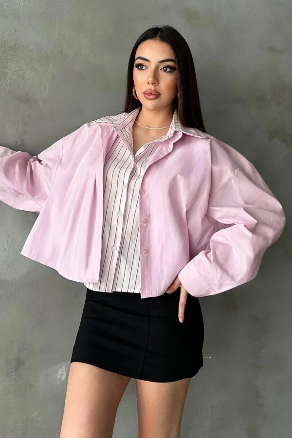Toptan Pembe Çizgi Garnili Oversıze Gömlek