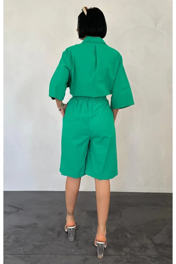 Ensemble chemise et short en lin vert à manches courtes en gros