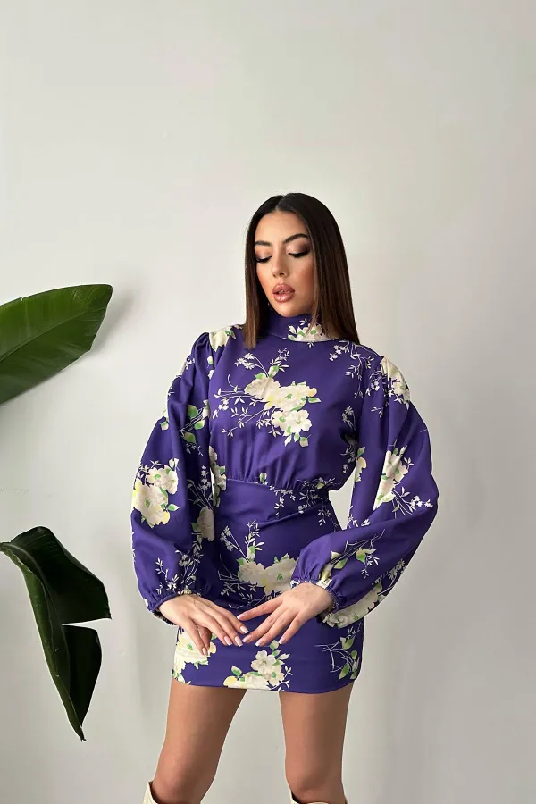 Toptan Mor Desenli Dik Yaka Elbise