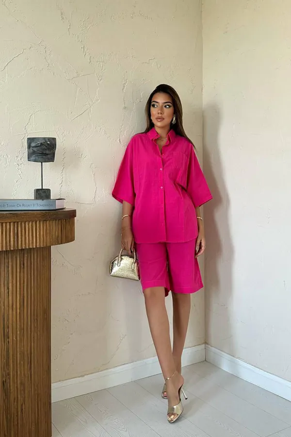 Ensemble chemise et short en lin fuchsia à manches courtes en gros
