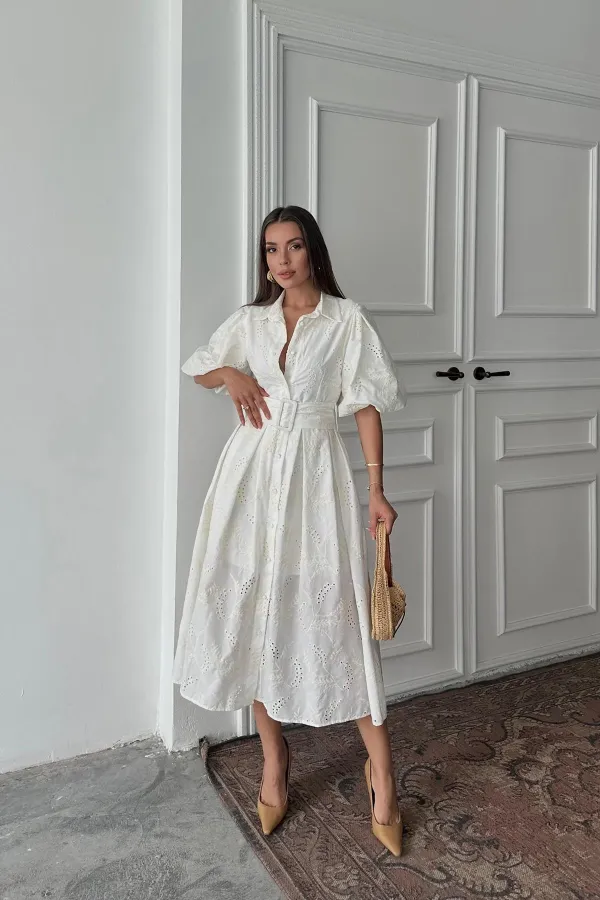 Toptan Ekru Pileli Balon Kol Elbise