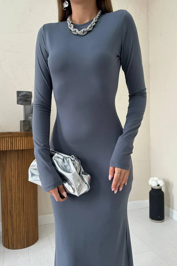 Toptan Gri Vücudu Saran Uzun Elbise