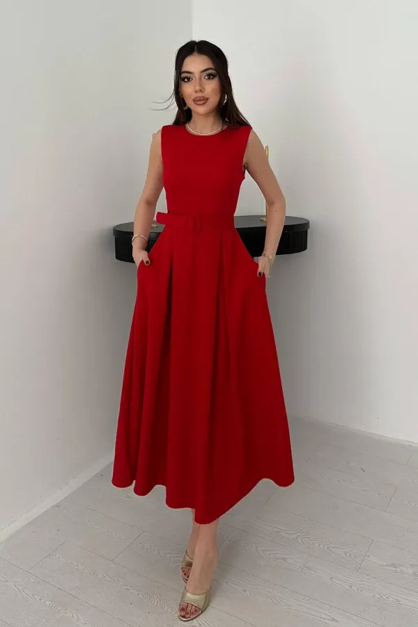 Toptan Kırmızı Halter Yaka Kloş Elbise