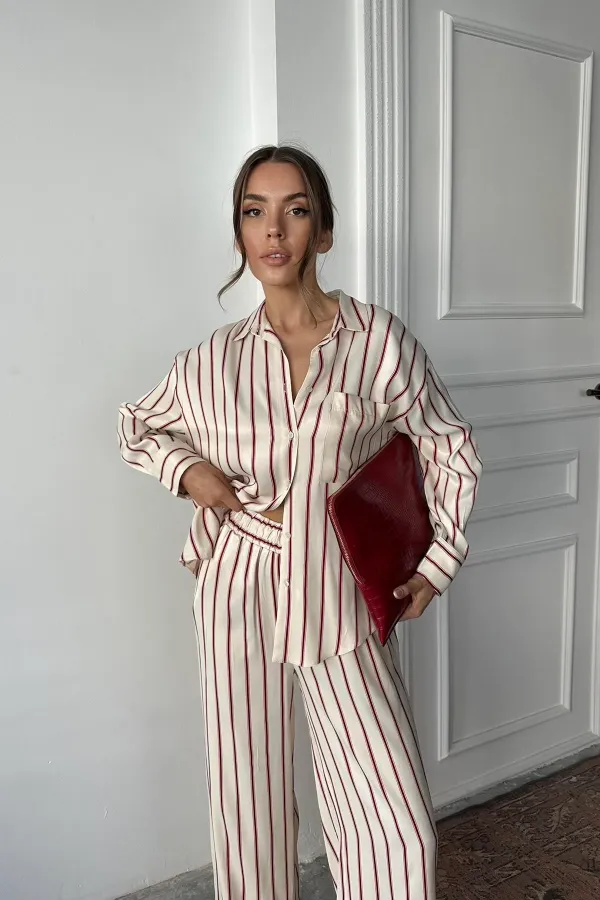 Toptan Bordo Çizgili Saten Takım
