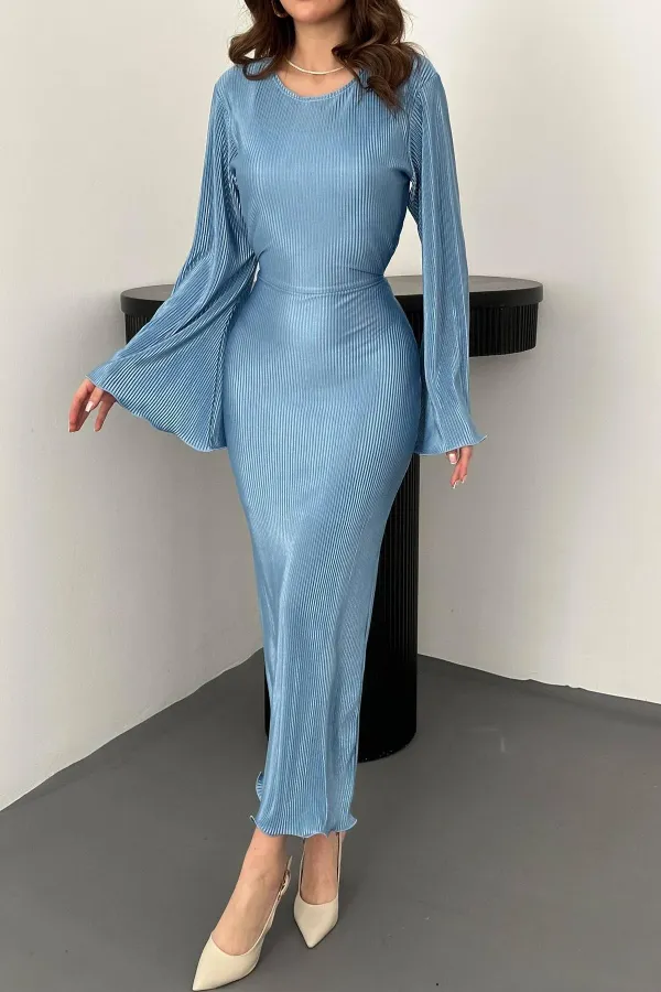 Robe plissée bleue à manches espagnoles en gros