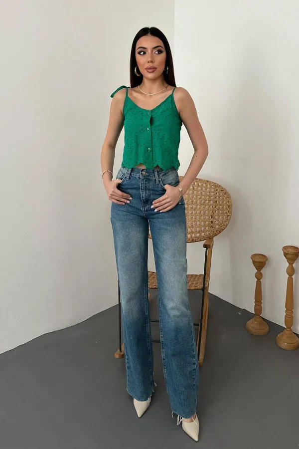 Toptan Yeşil Bağcıklı Brode Bluz