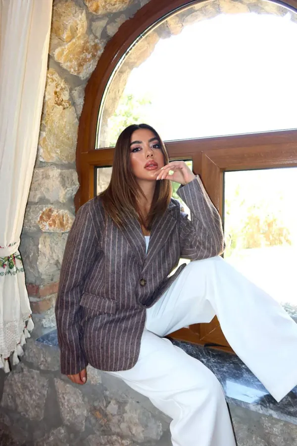 Toptan Kahverengi Çizgili Yün Ceket