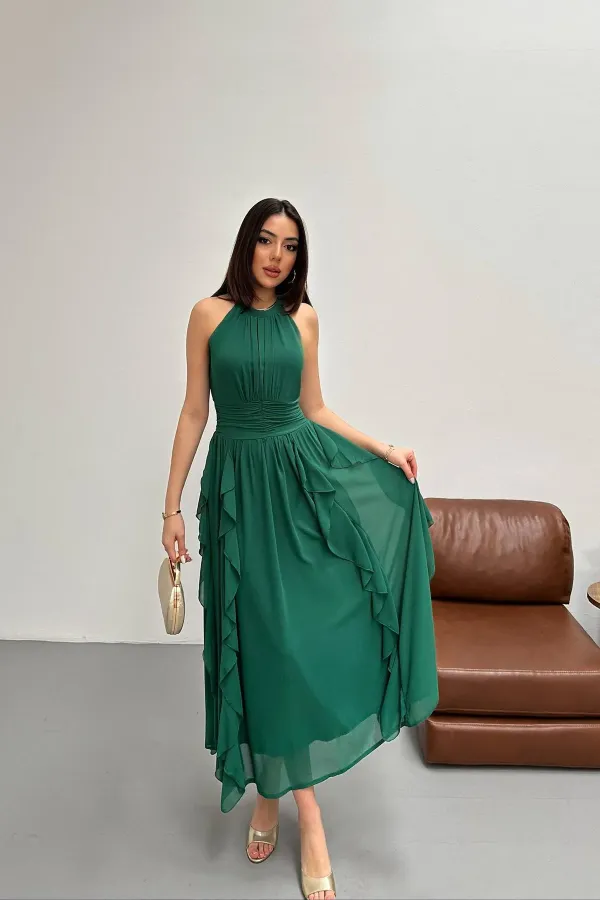 Toptan Zümrüt Önü Büzgülü Fırfırlı Elbise