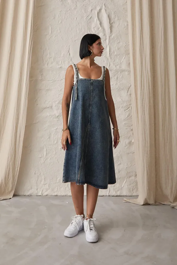 Toptan Mavi Askı Aparatlı Kot Elbise