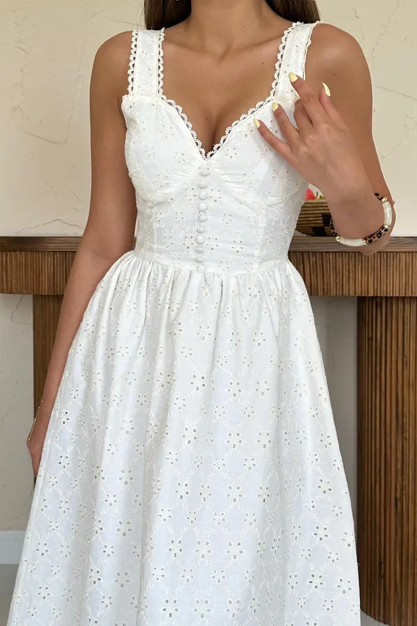 Toptan Ekru Dantel Detaylı Askılı Elbise