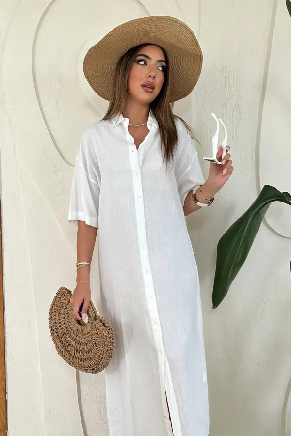 Wholesale White Linen Short Sleeve Dress