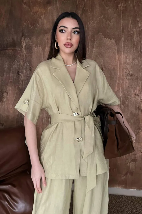 Toptan Bej Keten Gömlekli Takım