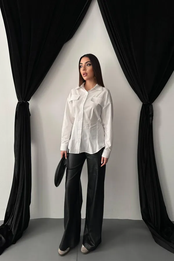 Toptan Beyaz Kapaklı Pileli Gömlek