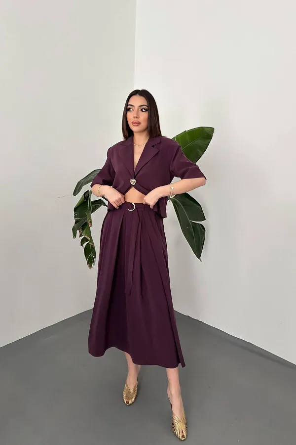 Wholesale Plum Single Button Short Jacket and Skirt Set