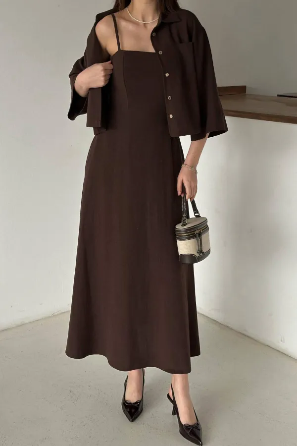 Toptan Kahverengi Askılı Elbise Ve Gömlek