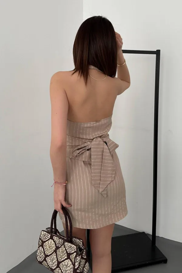 Toptan Bej Çizgili Yelek Ve Etek Takım