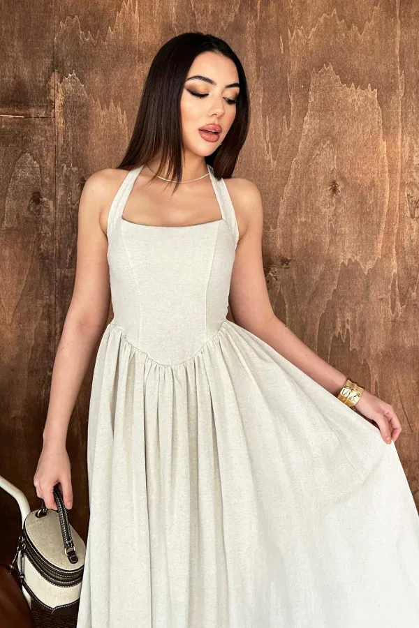 Robe en lin beige à col licou en gros