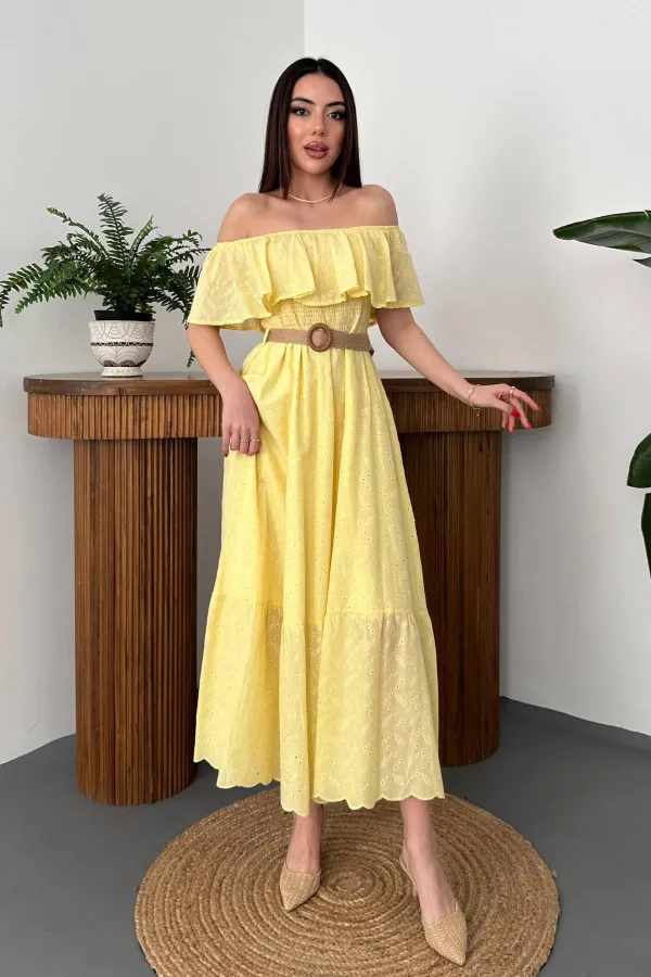 Robe brodée jaune à épaules élastiques en gros