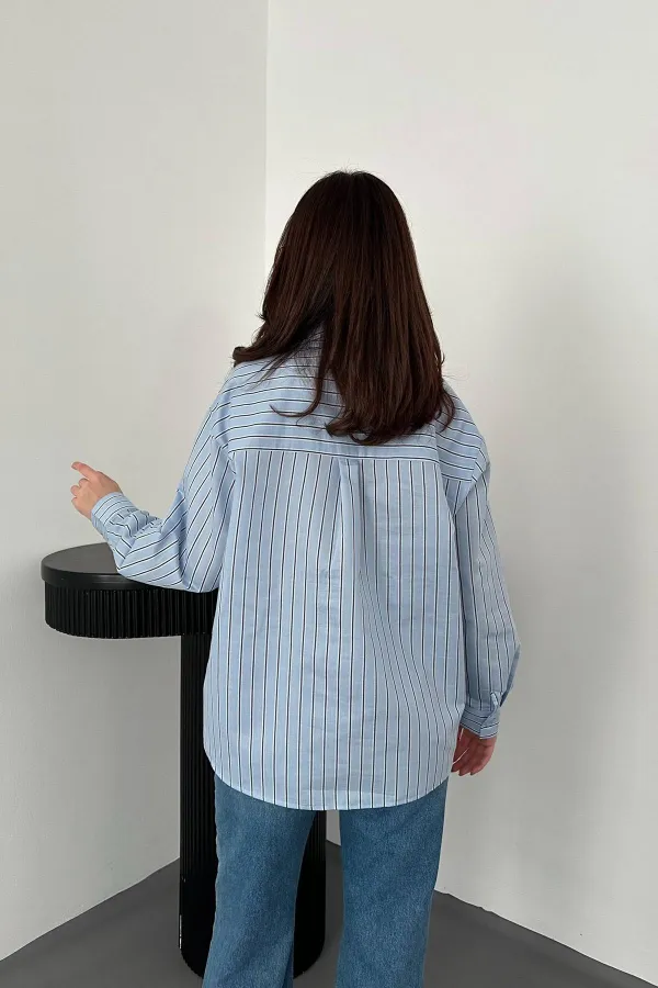 Toptan Bebe Mavi Boyundan Bağlamalı Çizgili Gömlek