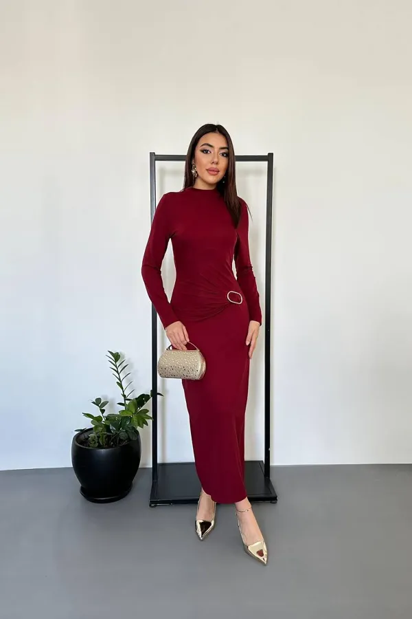 Toptan Bordo Beli Tokalı Elbise