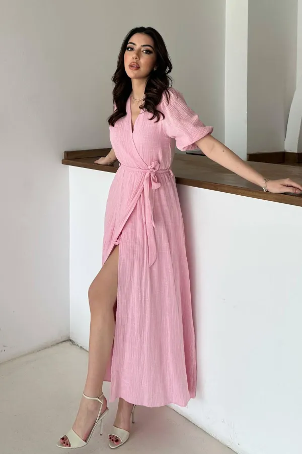 Toptan Pembe Kruvaze Yaka Müslin Keten Elbise