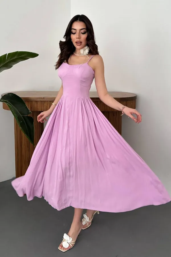 Toptan Lila Göğüs Kuplu Uzun Büzgülü Elbise